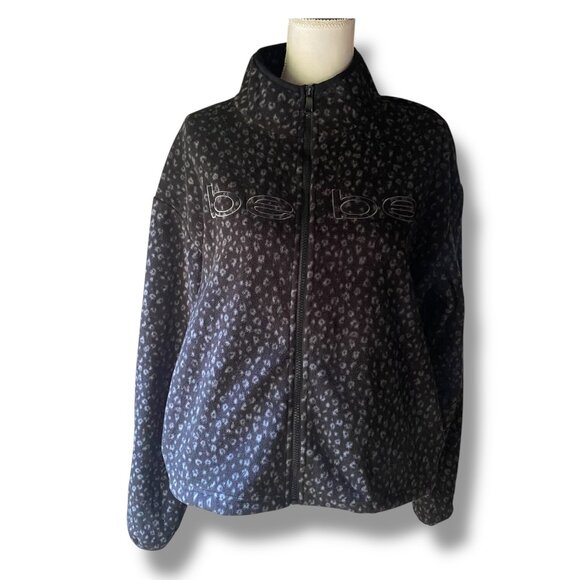Bebe Sport Full Zip Fleece Logo cheetah print jacket M black gray pockets toggle - Picture 1 of 11